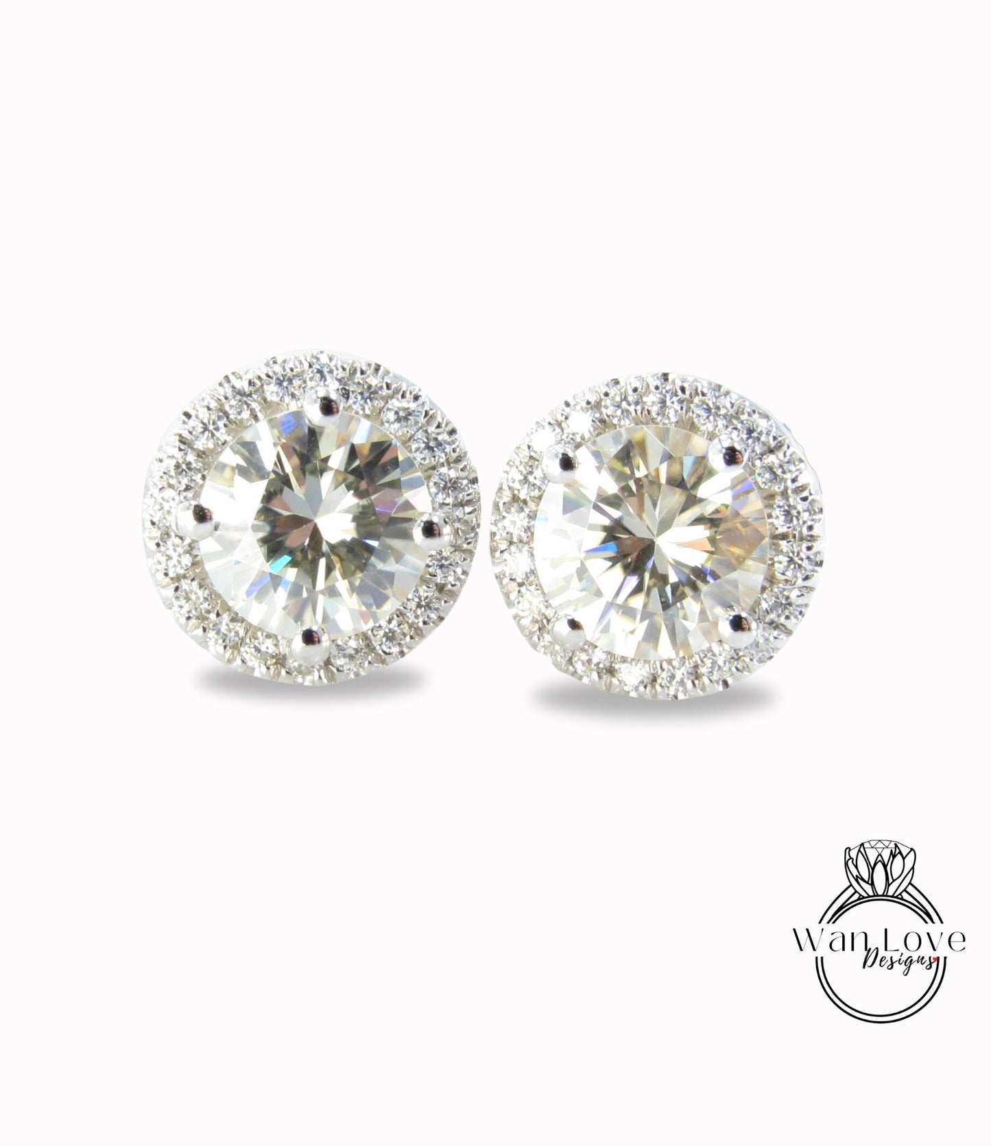 Champagne & White Moissanite Halo Round Earrings Studs Push Back 1ct ea 2cttw 6mm White Gold Custom Wedding Anniversary Gift-Ready to Ship Wan Love Designs