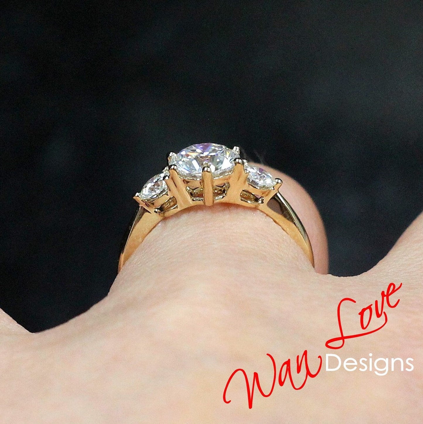 Champagne White Moissanite Round Engagement Ring,Round 3 Gem stone, 14k 18k White Yellow Rose Gold-Platinum-Custom-Anniversary Wan Love Designs