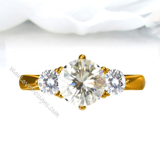 Champagne White Moissanite Round Engagement Ring,Round 3 Gem stone, 14k 18k White Yellow Rose Gold-Platinum-Custom-Anniversary Wan Love Designs