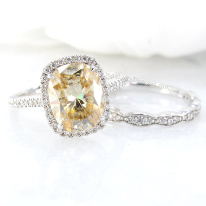 Champagne Yellow Moissanite Diamond Elongated Cushion Halo Engagement Ring Set Scalloped Wedding Band Long-4ct-10x8mm-Custom-Ready to Ship Wan Love Designs
