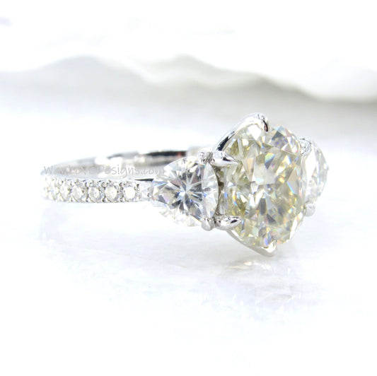 Champagne Yellow Moissanite Diamond Oval Trillion Engagement Ring 3 Gem Stone, Custom 14k 18k White Rose Yellow Gold,Wedding Wan Love Designs