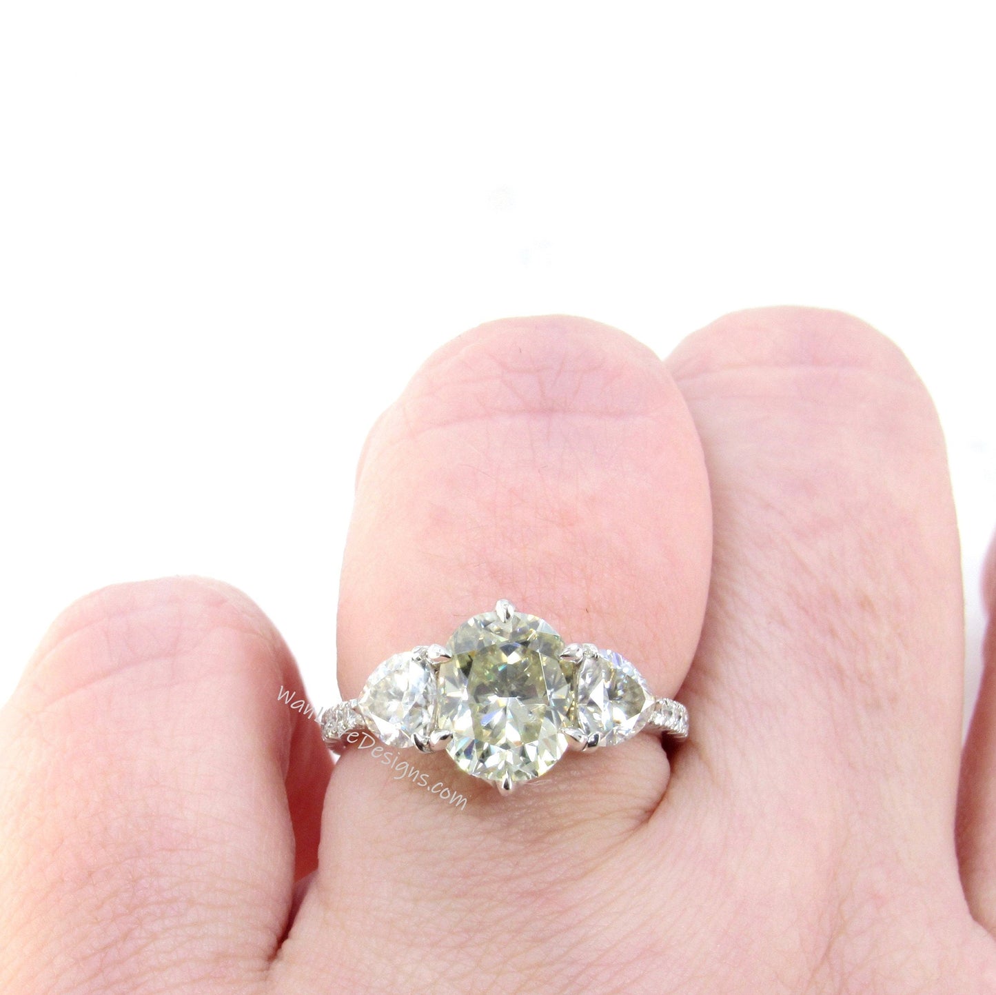 Champagne Yellow Moissanite Diamond Oval Trillion Engagement Ring 3 Gem Stone, Custom 14k 18k White Rose Yellow Gold,Wedding Wan Love Designs