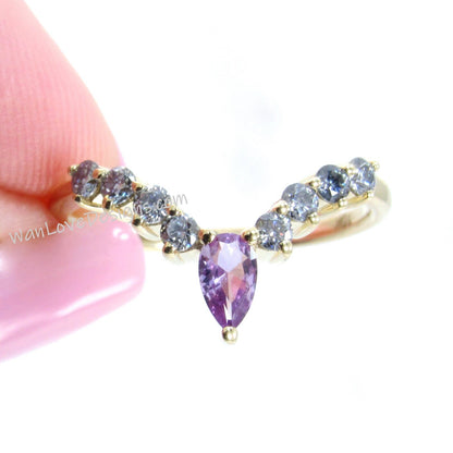 Cluster Pear Purple Sapphire Diamond Band, Pear Round V Curved Grey Moissanite Ring, V Tiara Wedding Band, Bridal Gold Birthstone Jewelry Wan Love Designs