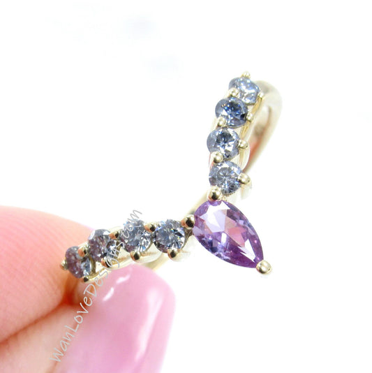 Cluster Pear Purple Sapphire Diamond Band, Pear Round V Curved Grey Moissanite Ring, V Tiara Wedding Band, Bridal Gold Birthstone Jewelry Wan Love Designs