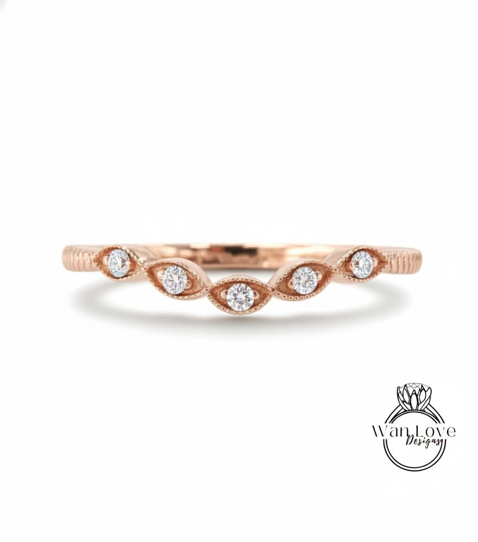 Vintage curved leaf ring, diamonds milgrain engraved antique band, womans curve moissanite ring, unique wedding ring, Birthstone Choice ring