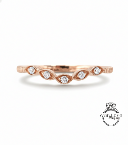 Vintage curved leaf ring, diamonds milgrain engraved antique band, womans curve moissanite ring, unique wedding ring, Birthstone Choice ring