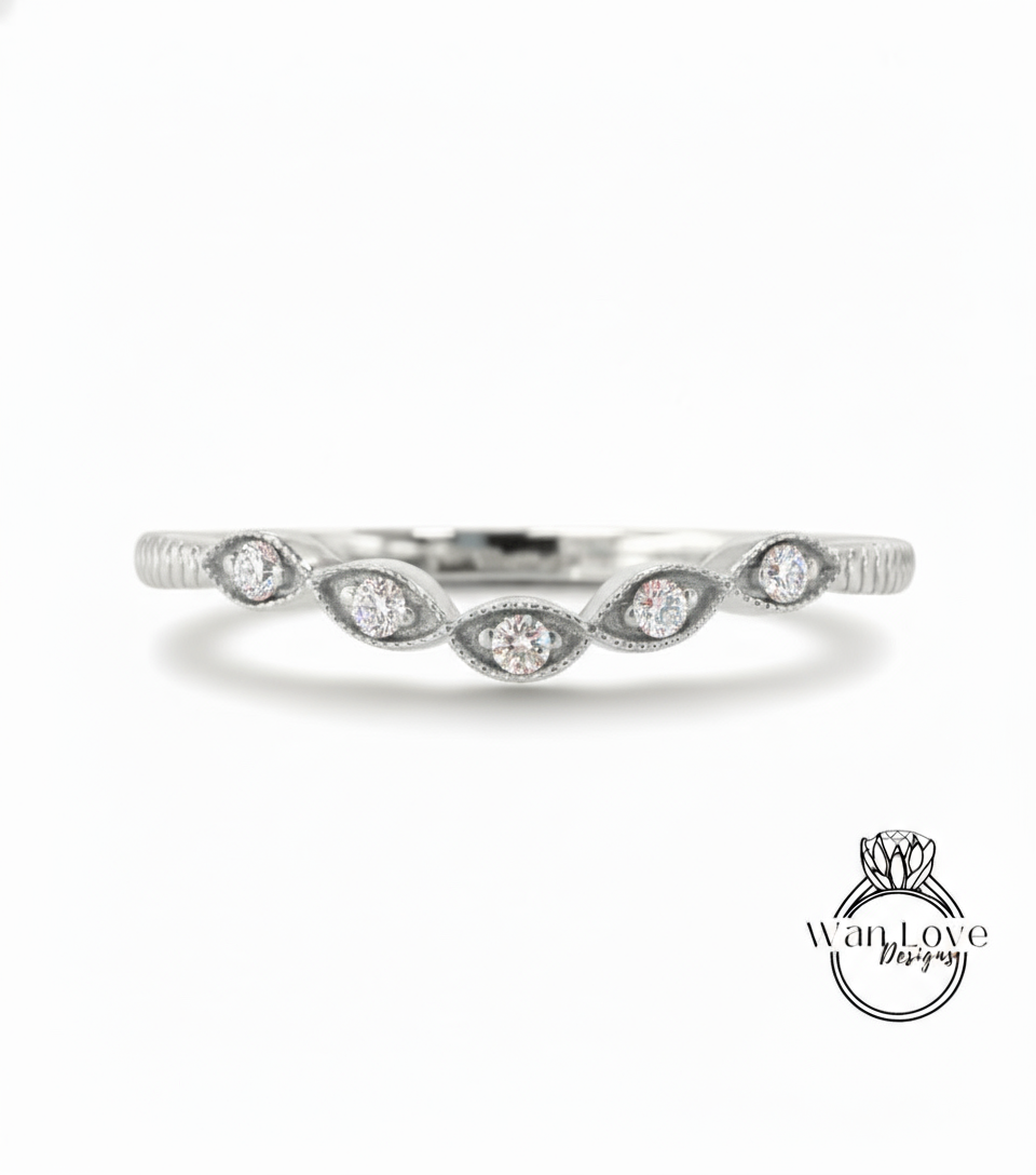 Vintage curved leaf ring, diamonds milgrain engraved antique band, womans curve moissanite ring, unique wedding ring, Birthstone Choice ring