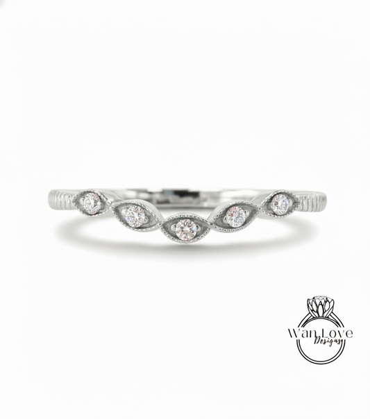 Vintage curved leaf ring, diamonds milgrain engraved antique band, womans curve moissanite ring, unique wedding ring, Birthstone Choice ring