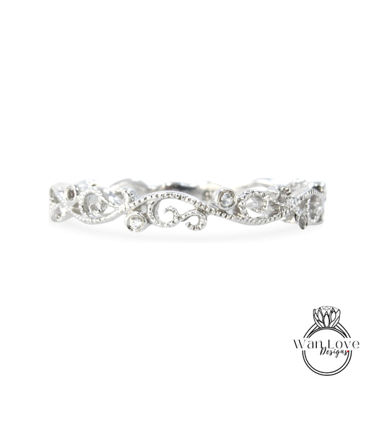 Sample Sale Ready to ship-White Sapphire Wedding Band Filigree Milgrain Eternity Stacking Swirl Almost Eternity-Custom-Aniversary