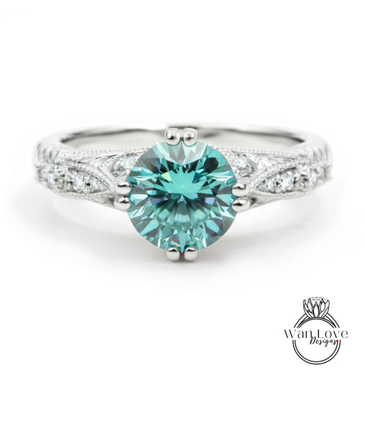 Vintage Blue Moissanite Engagement Ring round cut engraved Ring Antique milgrain ring art deco Wedding Bridal Ring Anniversary promise ring