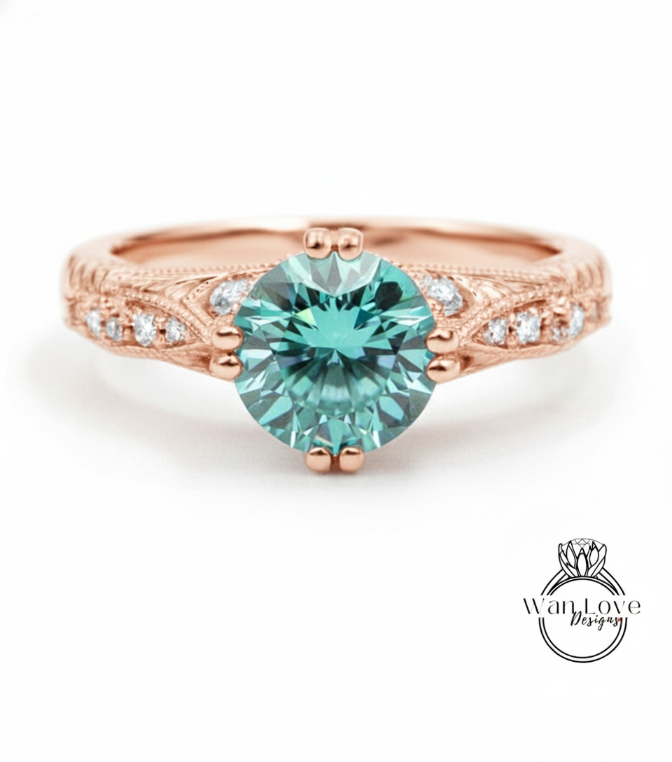 Vintage Blue Moissanite Engagement Ring round cut engraved Ring Antique milgrain ring art deco Wedding Bridal Ring Anniversary promise ring