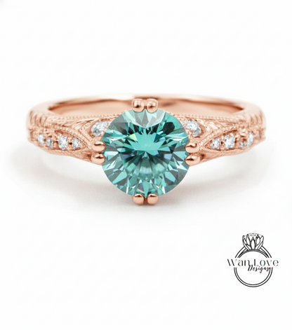 Vintage Blue Moissanite Engagement Ring round cut engraved Ring Antique milgrain ring art deco Wedding Bridal Ring Anniversary promise ring
