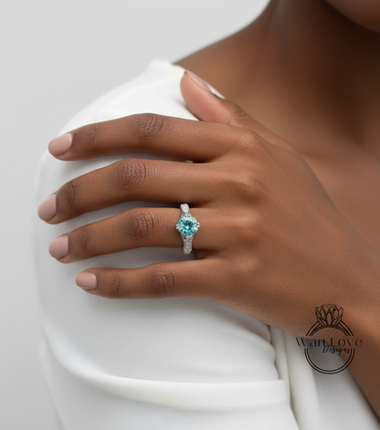 Vintage Blue Moissanite Engagement Ring round cut engraved Ring Antique milgrain ring art deco Wedding Bridal Ring Anniversary promise ring