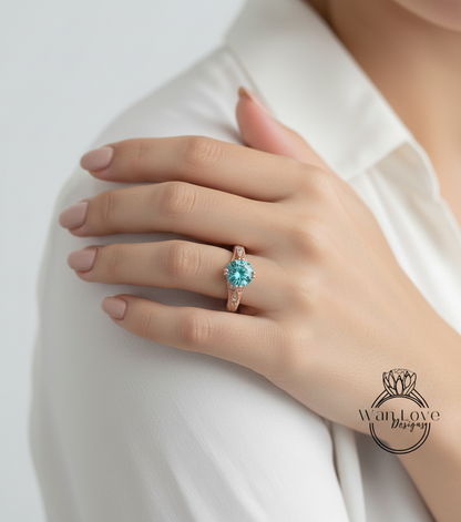 Vintage Blue Moissanite Engagement Ring round cut engraved Ring Antique milgrain ring art deco Wedding Bridal Ring Anniversary promise ring