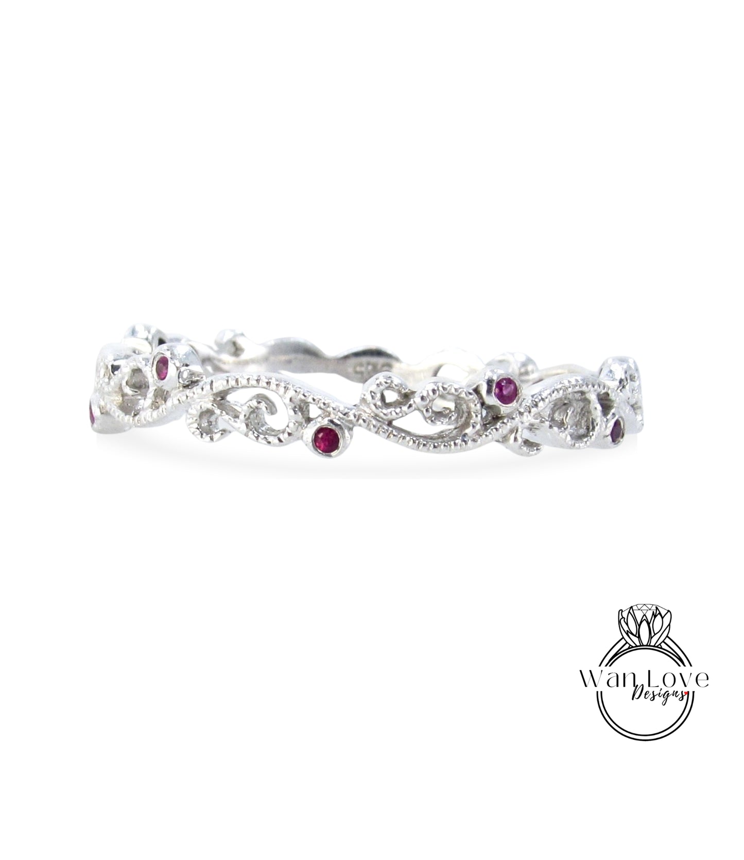 Sample Sale Ready to ship-Ruby Filigree Milgrain Swirl Wedding Band, Almost Eternity, Stackable Ring, 925 Silver w Rhodium
