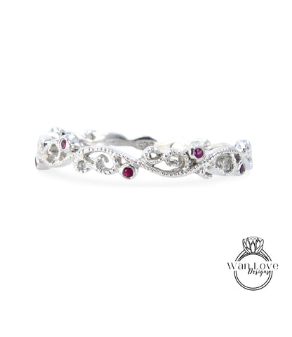 Sample Sale Ready to ship-Ruby Filigree Milgrain Swirl Wedding Band, Almost Eternity, Stackable Ring, 925 Silver w Rhodium