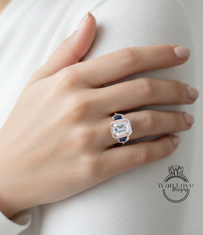 Cuscino allungato Art Déco Anello di fidanzamento Moissanite Anello in oro rosa con tre pietre preziose Anello a mezza luna con diamante Halo Anello di promessa anniversario