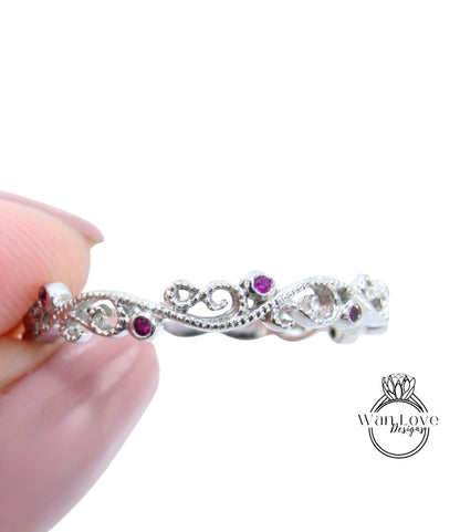 Sample Sale Ready to ship-Ruby Filigree Milgrain Swirl Wedding Band, Almost Eternity, Stackable Ring, 925 Silver w Rhodium