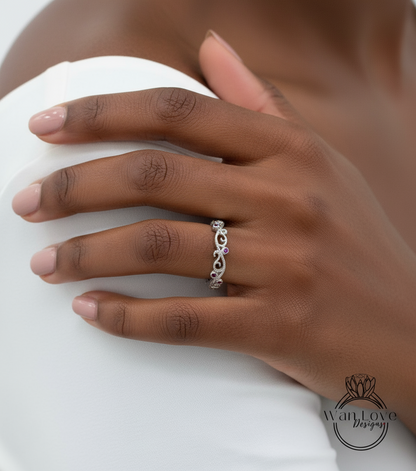 Sample Sale Ready to ship-Ruby Filigree Milgrain Swirl Wedding Band, Almost Eternity, Stackable Ring, 925 Silver w Rhodium