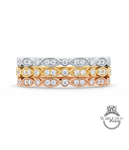 Unique Diamond Gold Art Deco Wedding Band, Full Eternity Ring, Stacking Wedding Band, Scalloped Milgrain Vintage Wedding Anniversary Ring