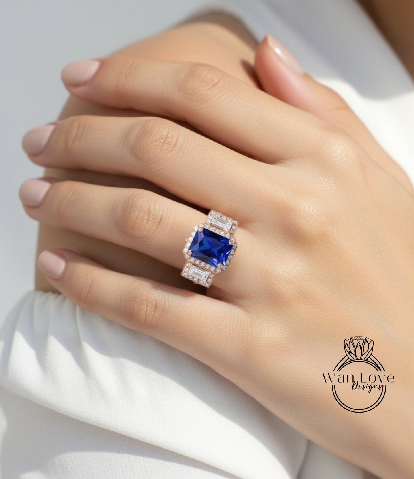 Blue Sapphire & Diamond Baguette Emerald cut 3 gemstone triple halo Engagement Ring, 14k 18k White Yellow Rose gold-Platinum-Custom-Bridal Wedding ring-Anniversary Gift