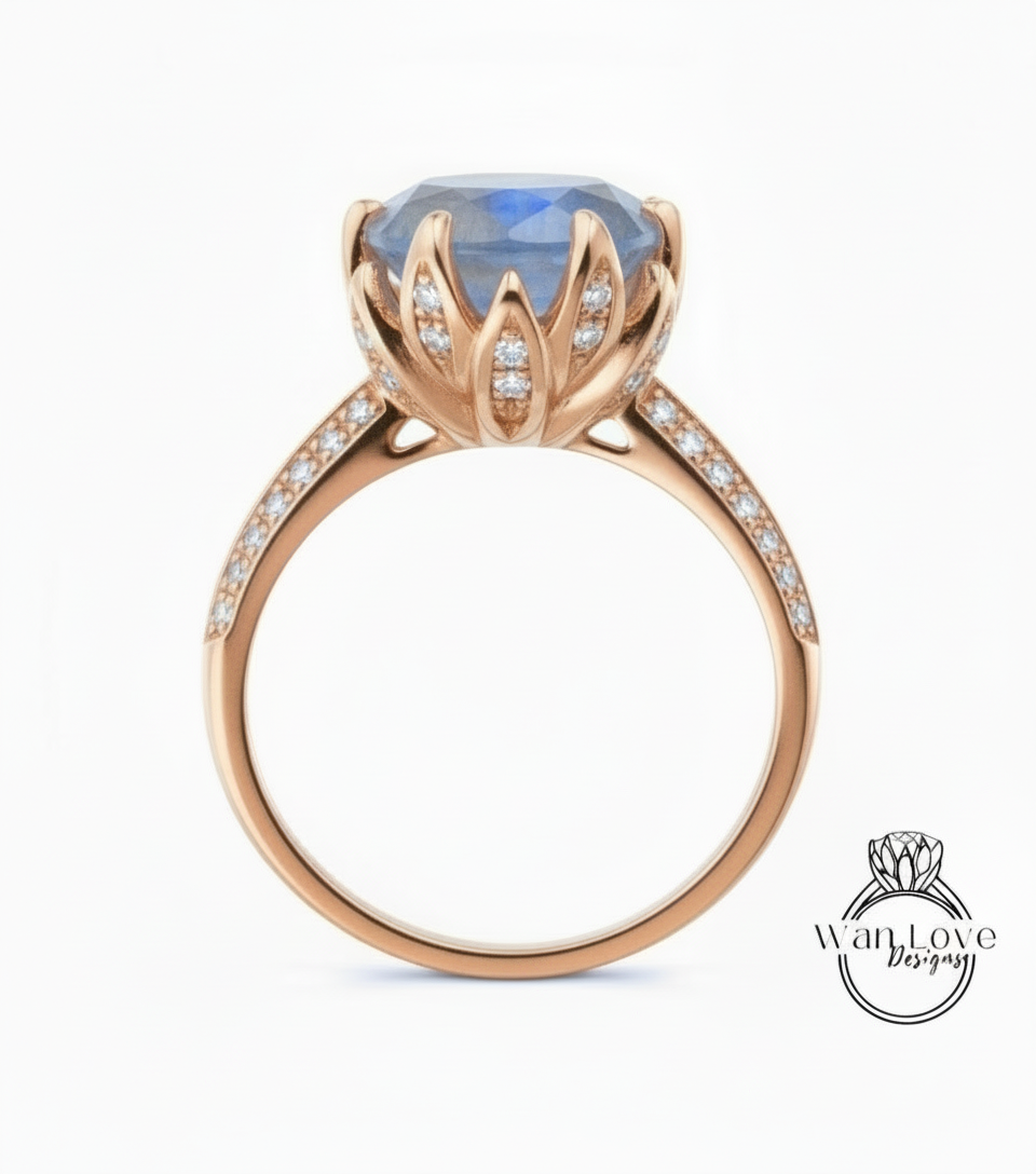 Labradorite Diamond Lotus Flower Engagement Ring, Custom, 14k 18 White Yellow Rose Gold-Platinum, Wedding, Anniversary Gift