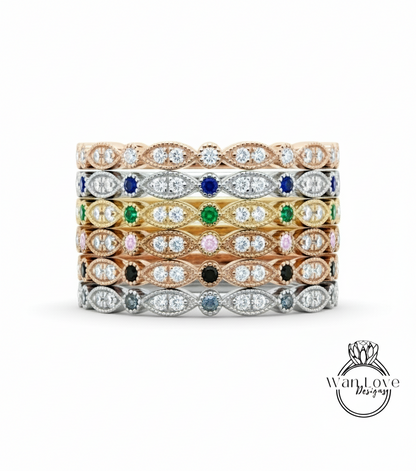 Sapphire Diamond wedding band women Leaf eternity band Unique Solid Rose gold wedding band vintage leaves Matching bridal ring Stacking ring