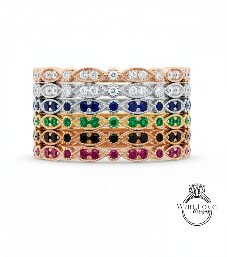 Unique Diamond Gold Art Deco Wedding Band, Full Eternity Ring, Stacking Wedding Band, Scalloped Milgrain Vintage Wedding Anniversary Ring