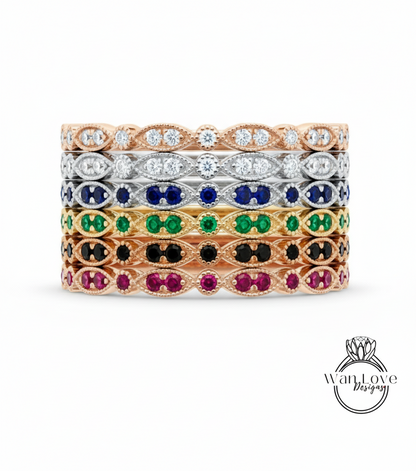 Unique Diamond Gold Art Deco Wedding Band, Full Eternity Ring, Stacking Wedding Band, Scalloped Milgrain Vintage Wedding Anniversary Ring