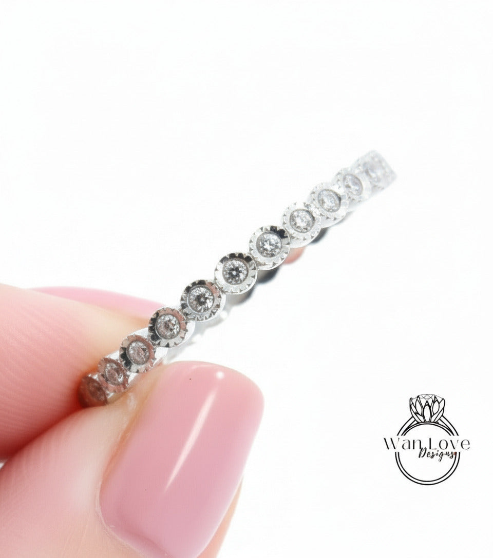Fede nuziale con diamanti Milgrain Bezel Infinity in oro bianco fascia per l'eternità completa anello da sposa unico con bolla delicato anello di promessa abbinato impilabile