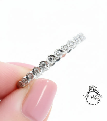 Fede nuziale con diamanti Milgrain Bezel Infinity in oro bianco fascia per l'eternità completa anello da sposa unico con bolla delicato anello di promessa abbinato impilabile