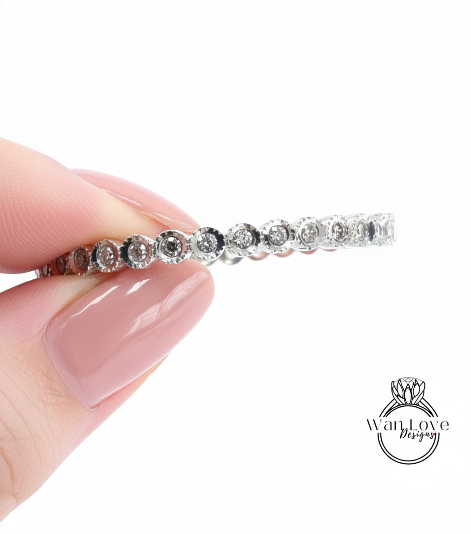 Fede nuziale con diamanti Milgrain Bezel Infinity in oro bianco fascia per l'eternità completa anello da sposa unico con bolla delicato anello di promessa abbinato impilabile