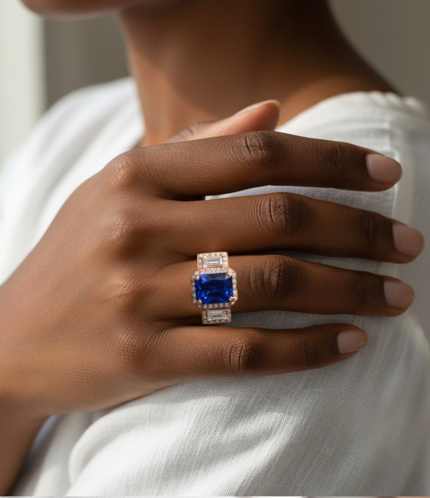 Blue Sapphire & Diamond Baguette Emerald cut 3 gemstone triple halo Engagement Ring, 14k 18k White Yellow Rose gold-Platinum-Custom-Bridal Wedding ring-Anniversary Gift