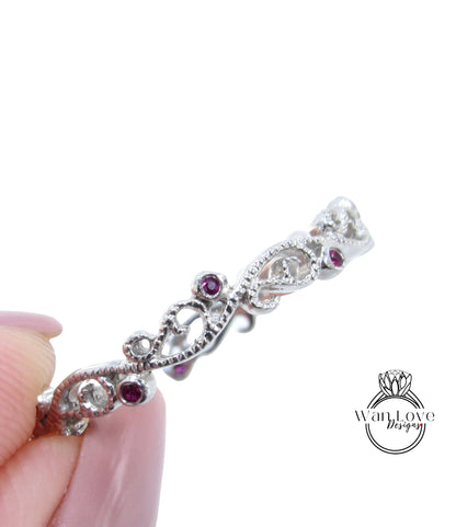 Sample Sale Ready to ship-Ruby Filigree Milgrain Swirl Wedding Band, Almost Eternity, Stackable Ring, 925 Silver w Rhodium