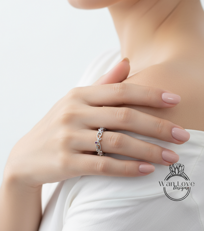 Sample Sale Ready to ship-Ruby Filigree Milgrain Swirl Wedding Band, Almost Eternity, Stackable Ring, 925 Silver w Rhodium