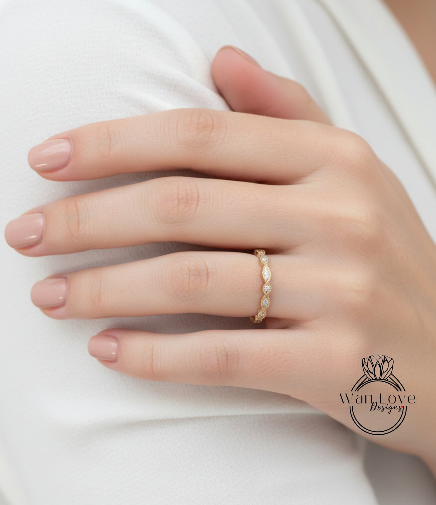 Unique Diamond Gold Art Deco Wedding Band, Full Eternity Ring, Stacking Wedding Band, Scalloped Milgrain Vintage Wedding Anniversary Ring