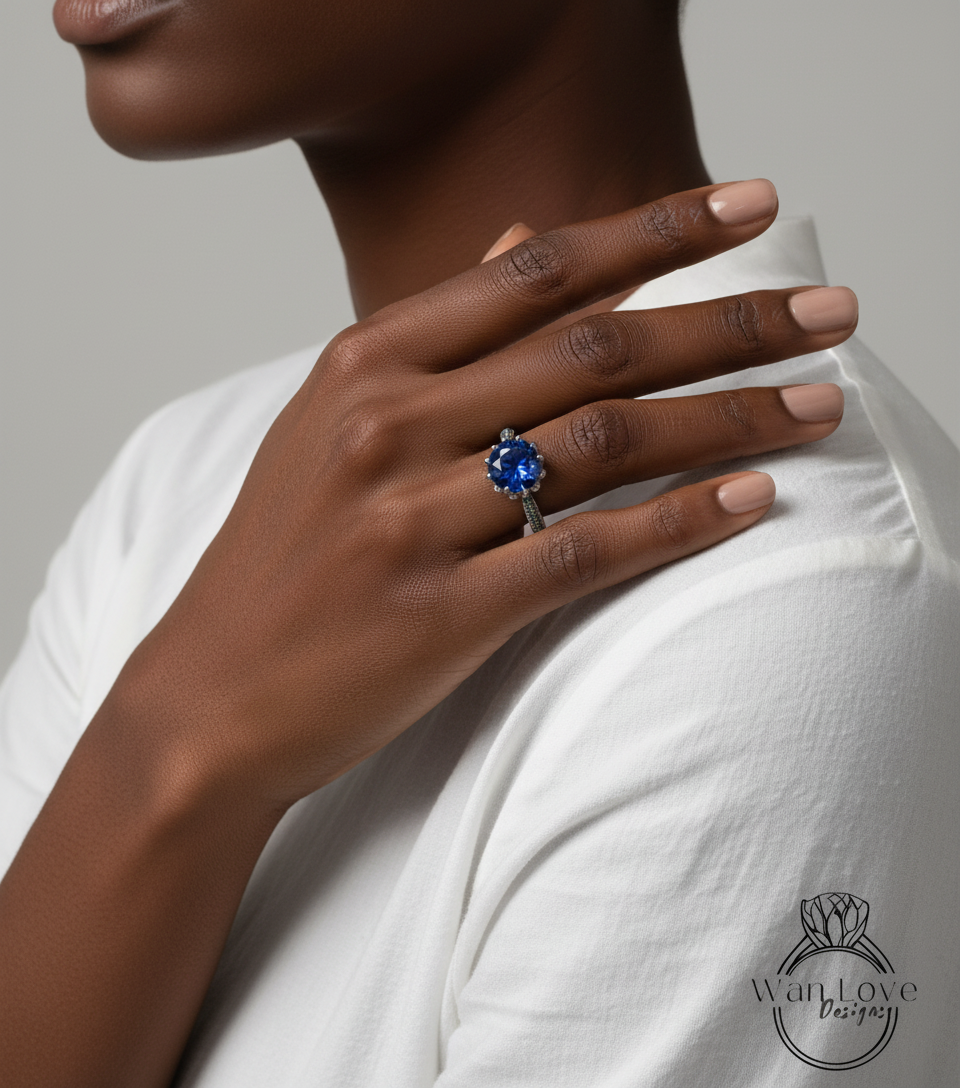 Blue Sapphire & Diamond Lotus Flower Engagement Ring 14k 18k White Yellow Rose Gold-Platinum-Custom made-Wedding-Anniversary-Round