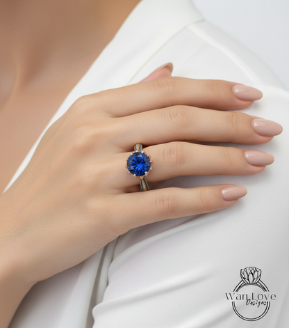 Blue Sapphire & Diamond Lotus Flower Engagement Ring 14k 18k White Yellow Rose Gold-Platinum-Custom made-Wedding-Anniversary-Round