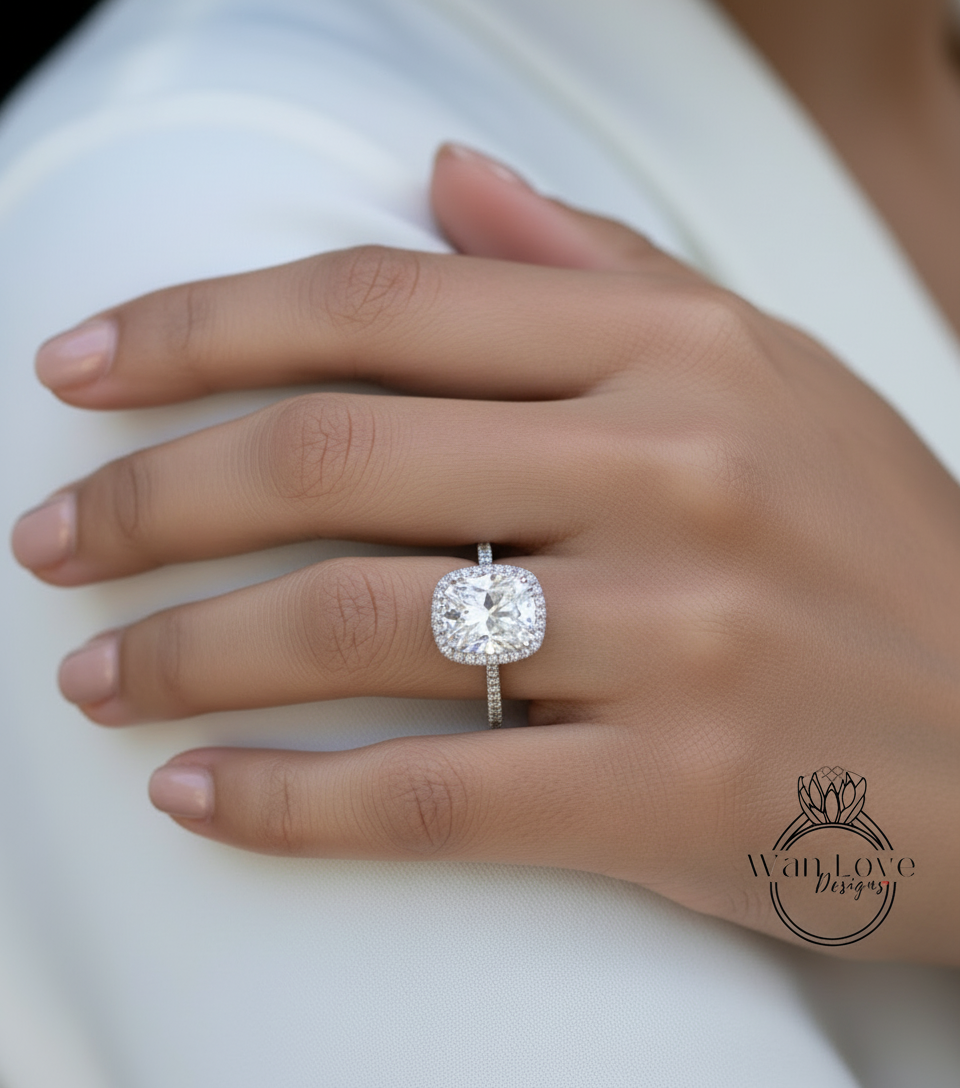 Moissanite Anello di fidanzamento Anello di celebrità Cuscino allungato 4ct 18k Oro bianco Anello da sposa Anniversario di matrimonio Cestino-Pronto per la spedizione
