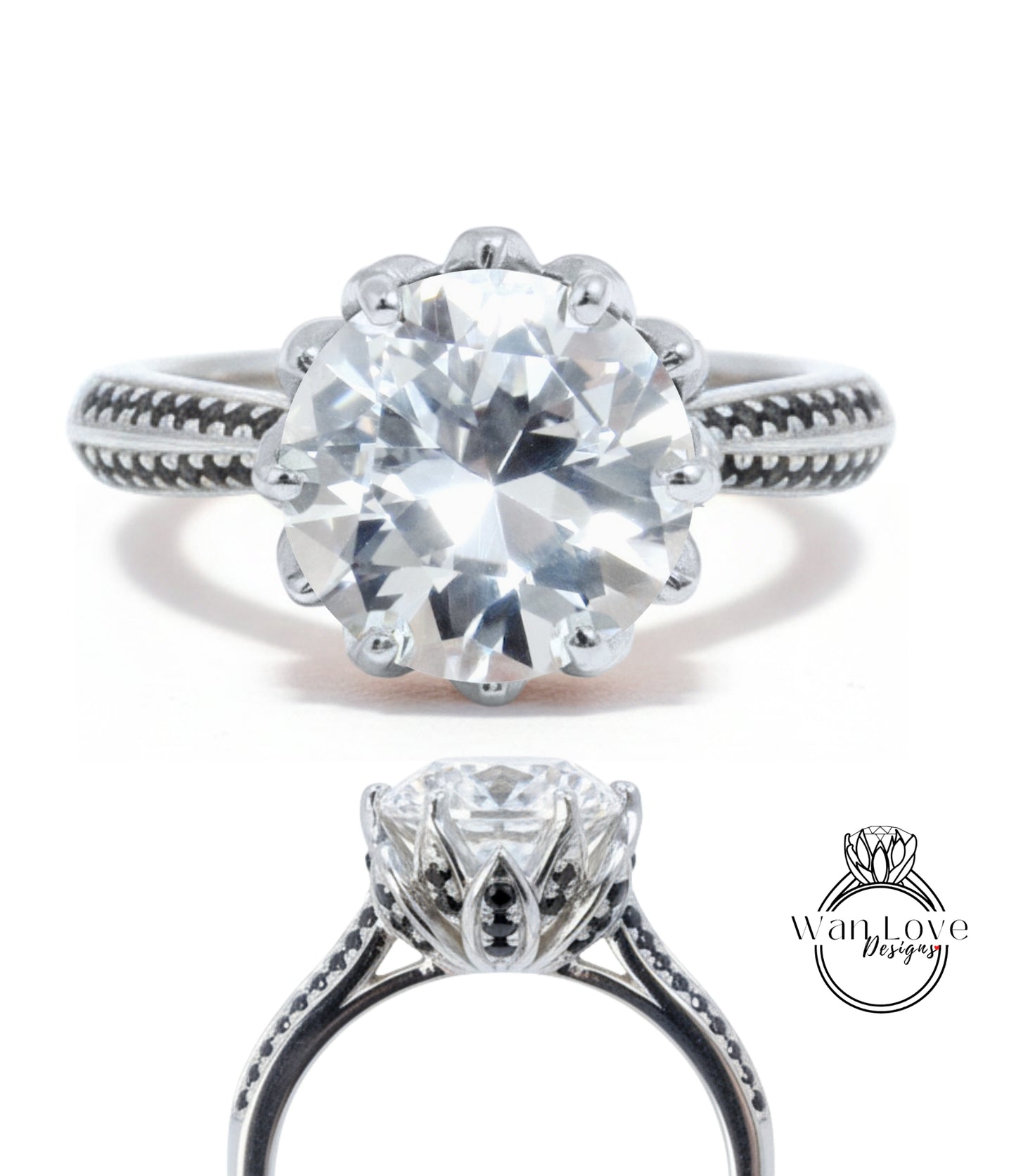 Anello di fidanzamento da donna con fiore di loto, zaffiro bianco, spinello nero, anello nuziale floreale, anello nuziale con foglia naturale, regalo di anniversario, pronto per la spedizione