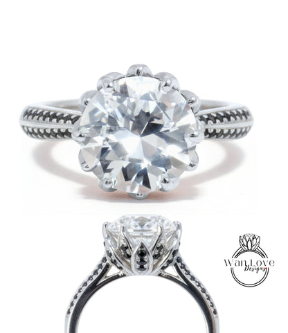 Anello di fidanzamento da donna con fiore di loto, zaffiro bianco, spinello nero, anello nuziale floreale, anello nuziale con foglia naturale, regalo di anniversario, pronto per la spedizione