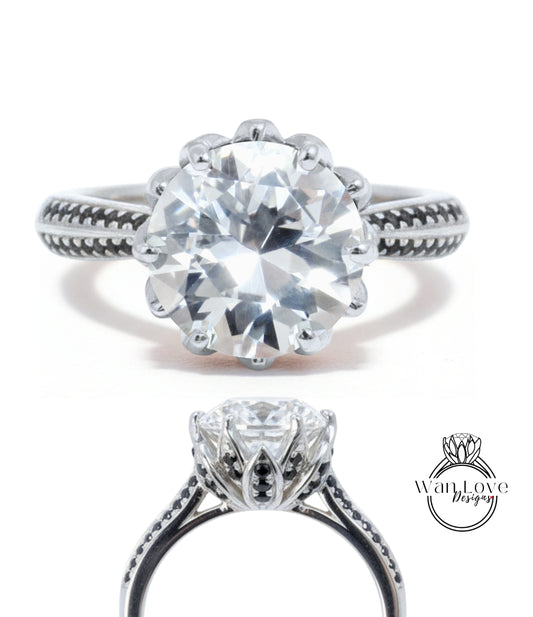 Anello di fidanzamento da donna con fiore di loto, zaffiro bianco, spinello nero, anello nuziale floreale, anello nuziale con foglia naturale, regalo di anniversario, pronto per la spedizione