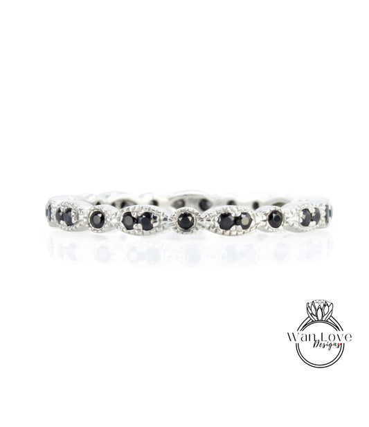 Vendita Pronto per la spedizione-Black Spinel Milgrain Leaf smerlato Marquise forma Circle Bezel set FULL Eternity Wedding Band impilabile Anello, Personalizzato