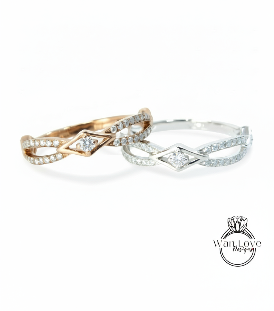 Round Moissanite Diamond Criss Cross Bridal Band / Moissanite Geometric Infinity Band / White Gold Eternity Wedding Band Gift For Fiancee