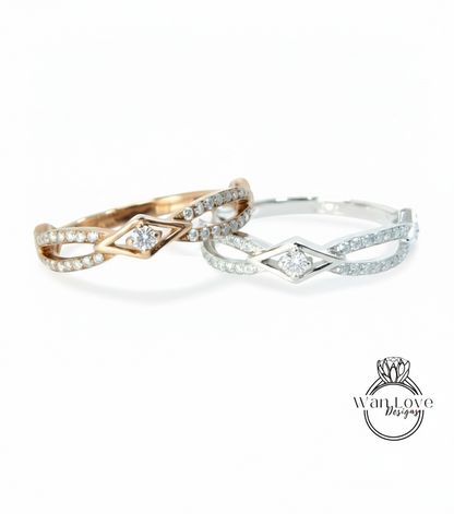 Round Moissanite Diamond Criss Cross Bridal Band / Moissanite Geometric Infinity Band / White Gold Eternity Wedding Band Gift For Fiancee