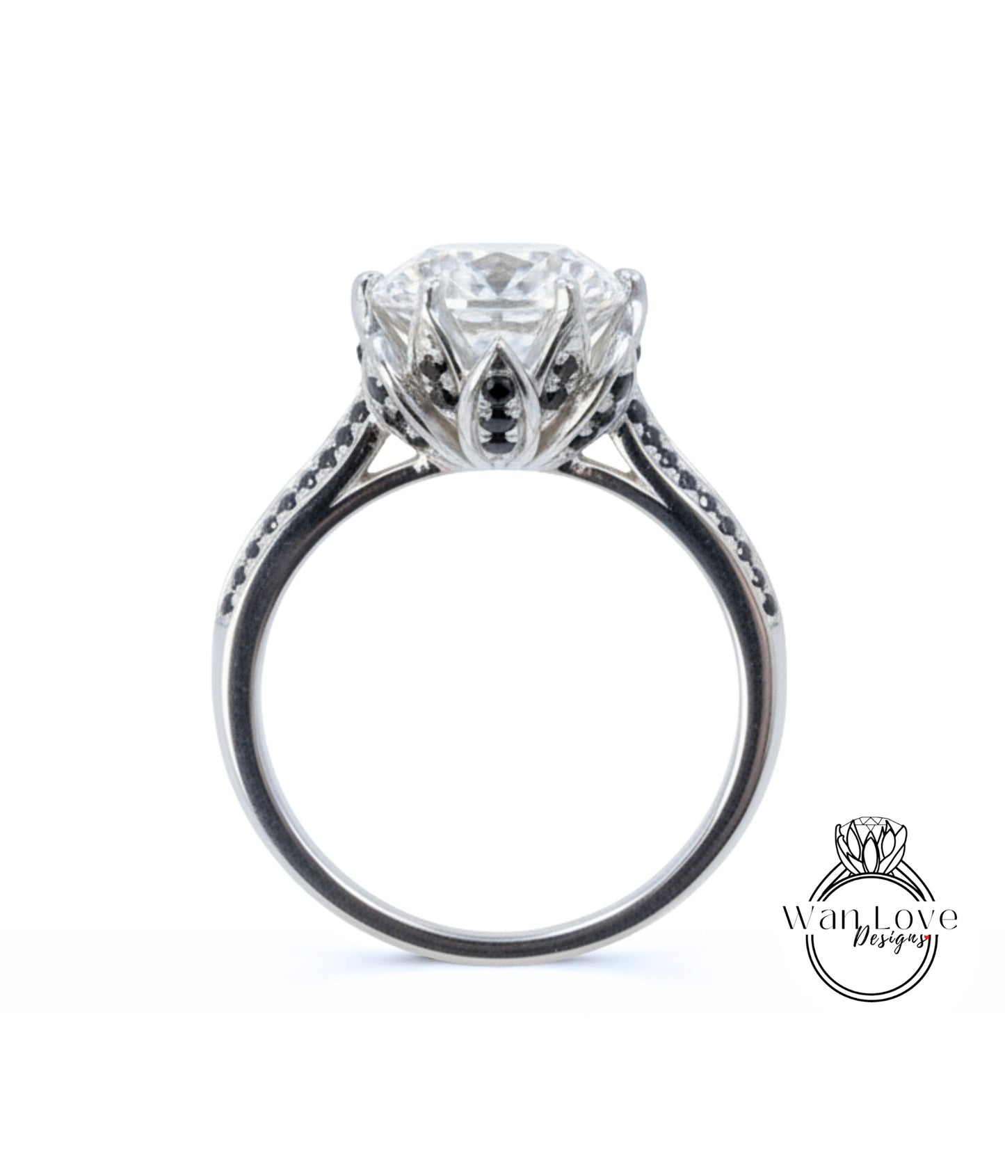 Anello di fidanzamento da donna con fiore di loto, zaffiro bianco, spinello nero, anello nuziale floreale, anello nuziale con foglia naturale, regalo di anniversario, pronto per la spedizione