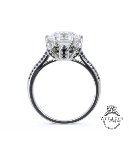 Anello di fidanzamento da donna con fiore di loto, zaffiro bianco, spinello nero, anello nuziale floreale, anello nuziale con foglia naturale, regalo di anniversario, pronto per la spedizione