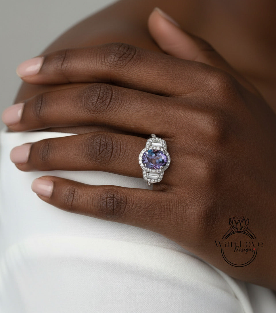 Alexandrite & Diamonds Oval Engagement Ring half moon trapezoid, Custom,14k 18k White Yellow Rose Gold, Platinum,Wedding Bridal Ring Anniversary Gift