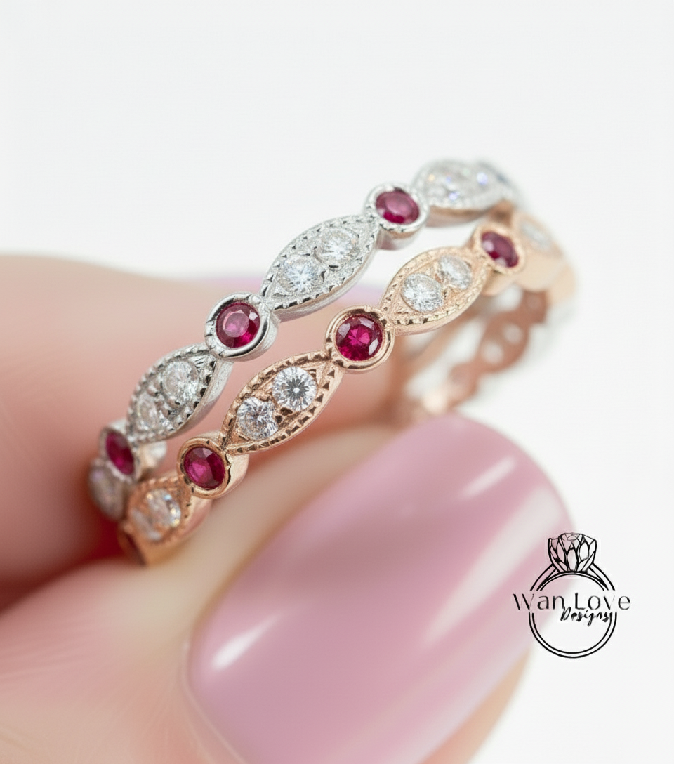 Fede nuziale con diamanti e rubini, Foglia Milgrain, Eternità completa, Anello impilabile, 14k 18k Bianco Giallo Rosa Oro-Platino-Fidanzamento personalizzato