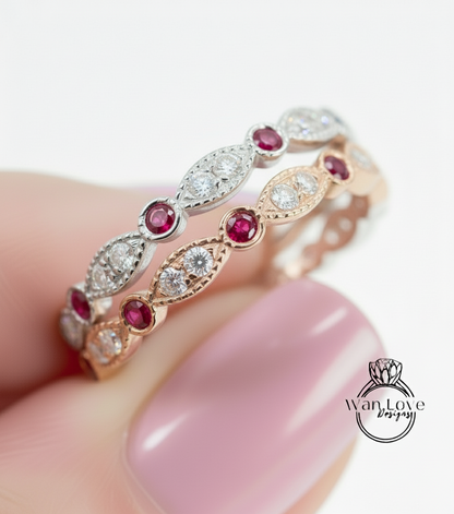 Fede nuziale con diamanti e rubini, Foglia Milgrain, Eternità completa, Anello impilabile, 14k 18k Bianco Giallo Rosa Oro-Platino-Fidanzamento personalizzato